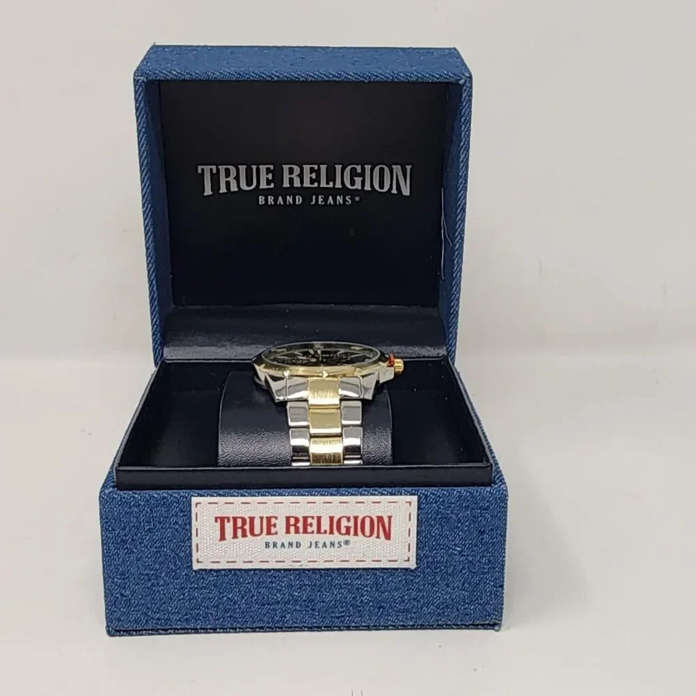 True Religion Watch Two Tone Stainless Black Dial Mens Analog Multi Dial Boxed
